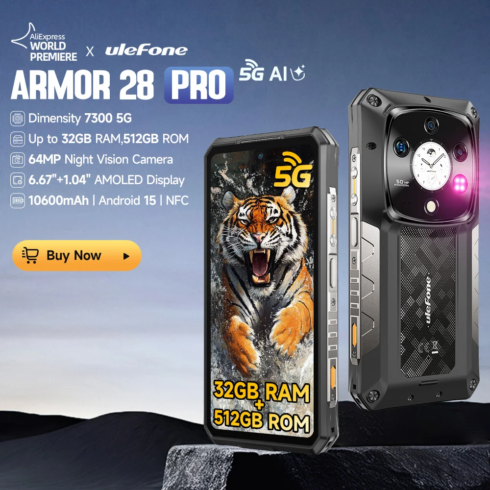 【Weltpremiere】 Ulefone Armor 28 Pro 5G AI Robustes Telefon 32 GB RAM 512 GB ROM Smartphone 120 W MTK Dimensity 7300 Mobiltelefon 10600 mAh 6,67 „AMOLED