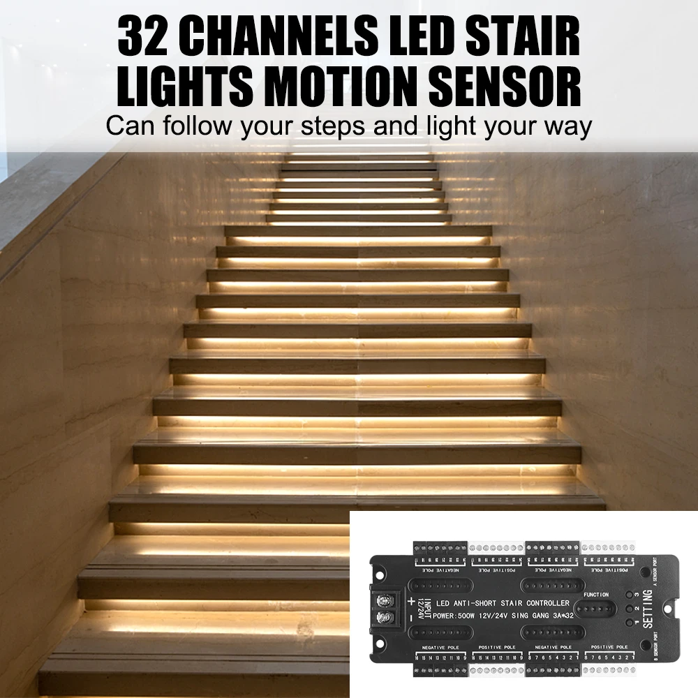 Adjustable Brightness For Stairs Flexible Strip LED Motion Sensor Stair Light Controller Kit DC 12V 24V 32 Channels
