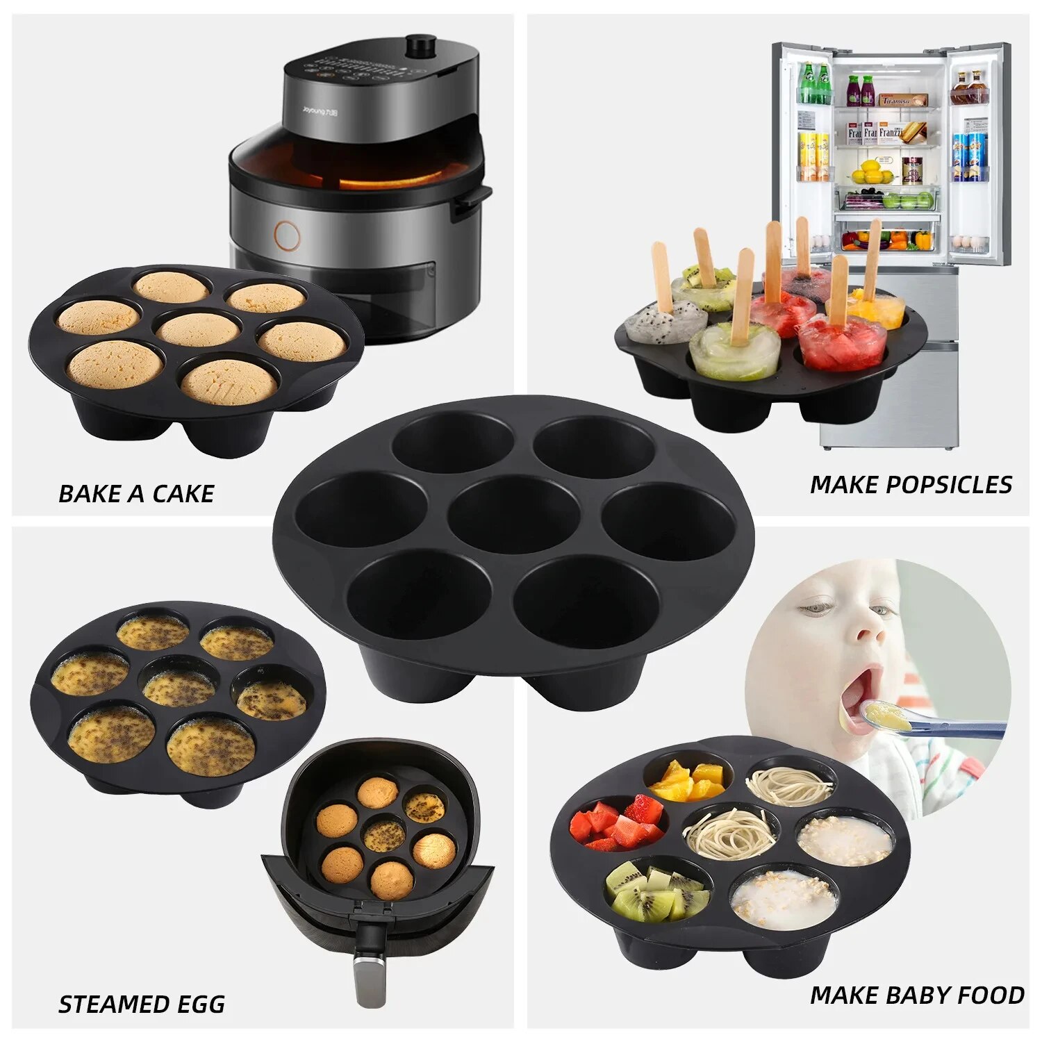 Moule à muffins en silicone Airfryer, moule à gâteau Chi, mini moule à gâteau antiadhésif, accessoires pour friteuse à air, 7 standards, 3.5 à 5.8 L, 7 po