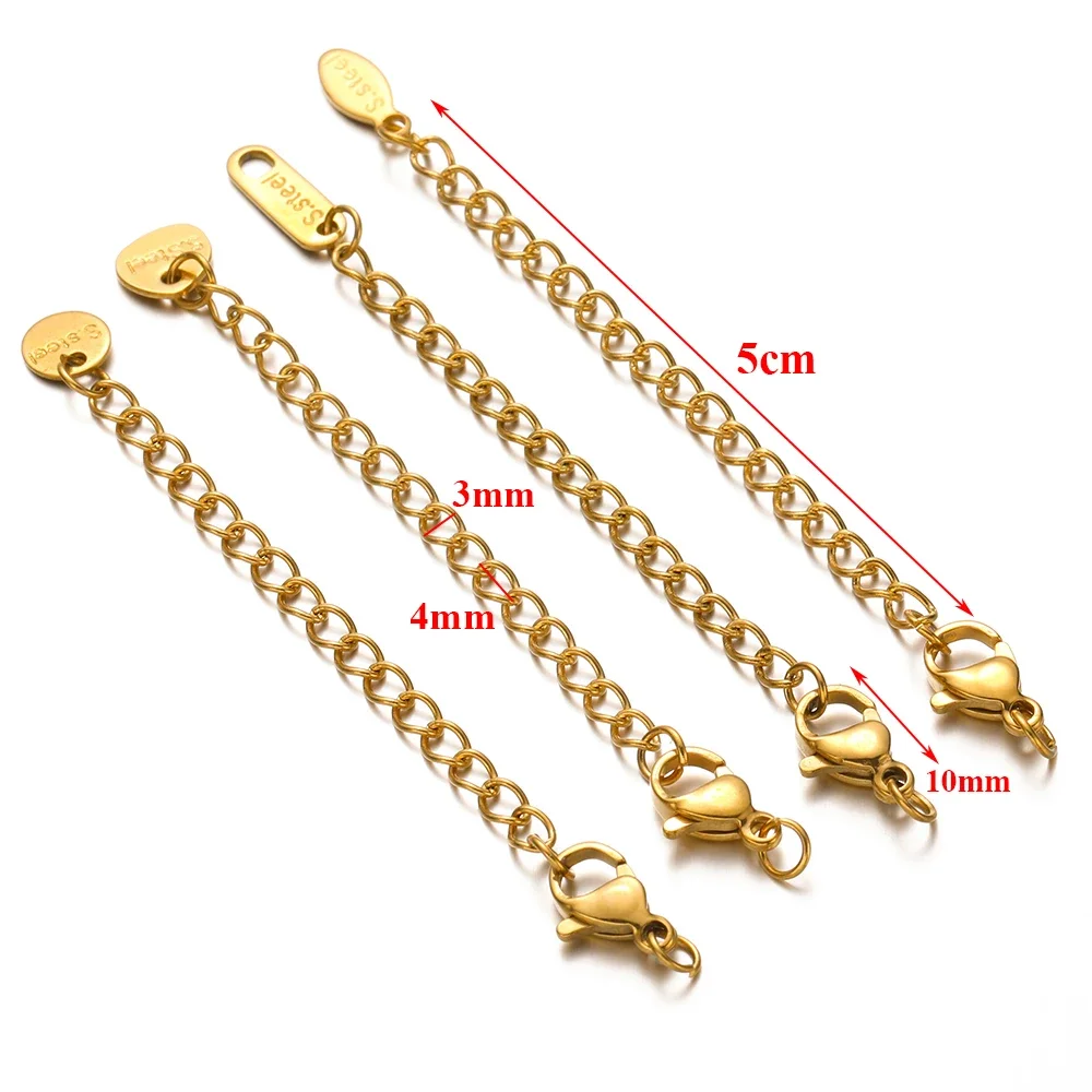 10 cierres de langosta de acero inoxidable, extensión de 5cm, cadenas de cola extendidas para hacer joyería DIY, pulseras, collares, conectores