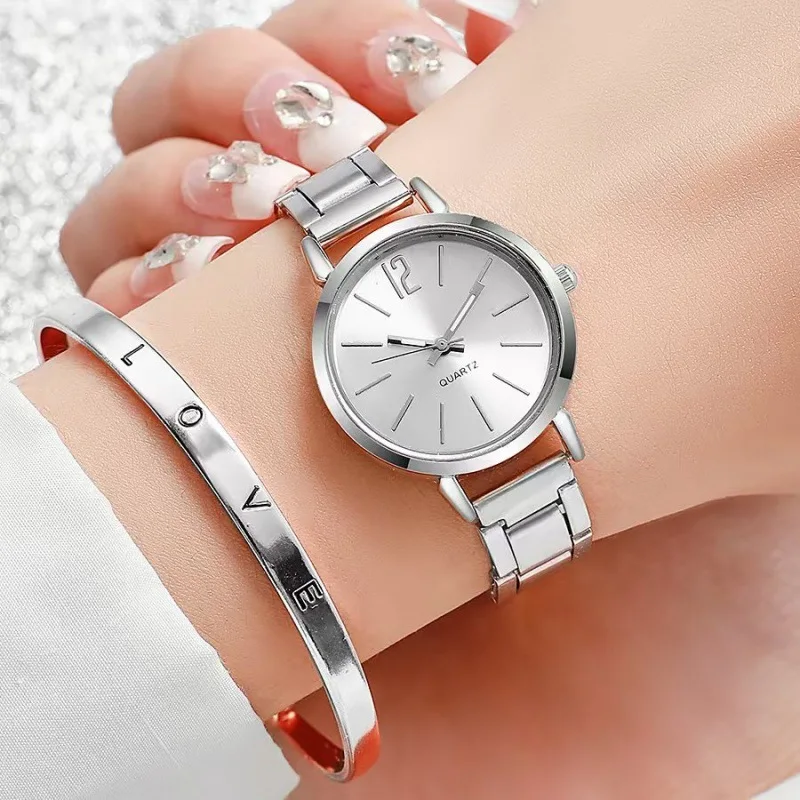 2 STUKS Set Mode Luxe Dameshorloge Goud Fijne Band Dameshorloge Voor Armband Montre Femme Vrouwelijke Polshorloge Vrouwen Klok