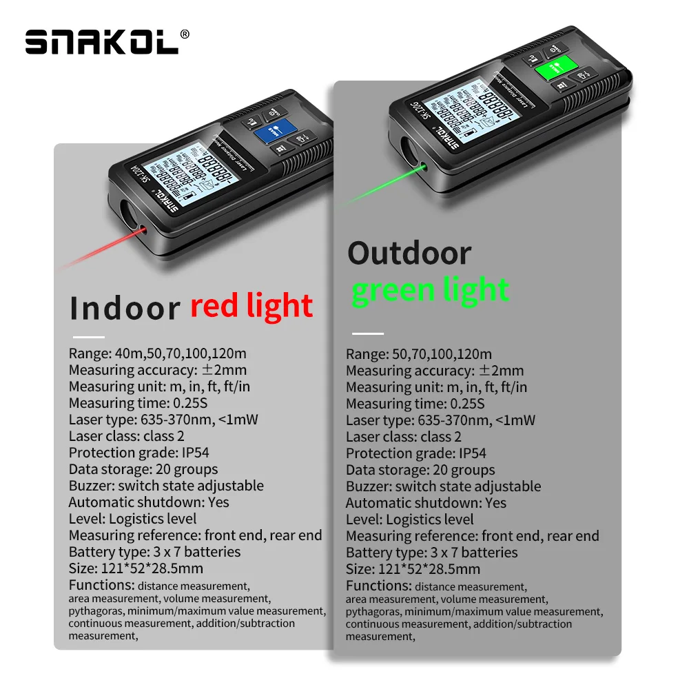 Snakol 40/50/70/100/120M Green Red Laser Rangefinder Distance Meter Laser Tape Range Finder Building Electronic Ruler