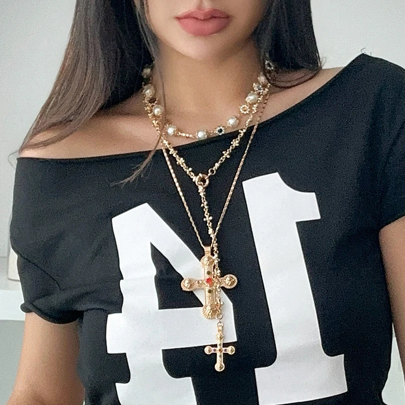 Ingemark luxo strass imitação de pérola contas corrente colar feminino qua nupcial vintage jesus cruz pingente gargantilha y2k jóias