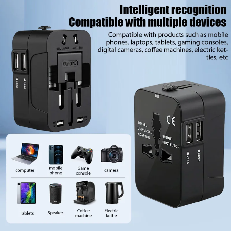 ปลั๊กแปลงไฟฟ้าอเนกประสงค์แบบ USB สำหรับเดินทางทั่วโลก รองรับปลั๊ก EU US พร้อมฝาครอบนิรภัยป้องกันเด็ก
