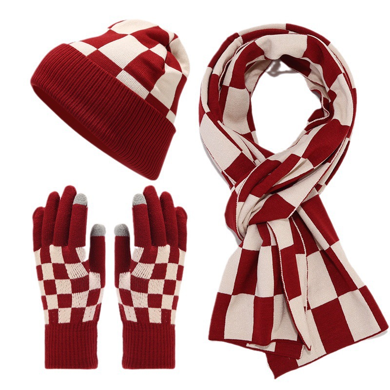 Modisches, kariertes, bedeckendes Garn, Mütze, Schal, Handschuh, 3-teiliges Winter-Imitat-Kaschmir-Wärmeset für Herren und Damen, Bekleidungszubehör