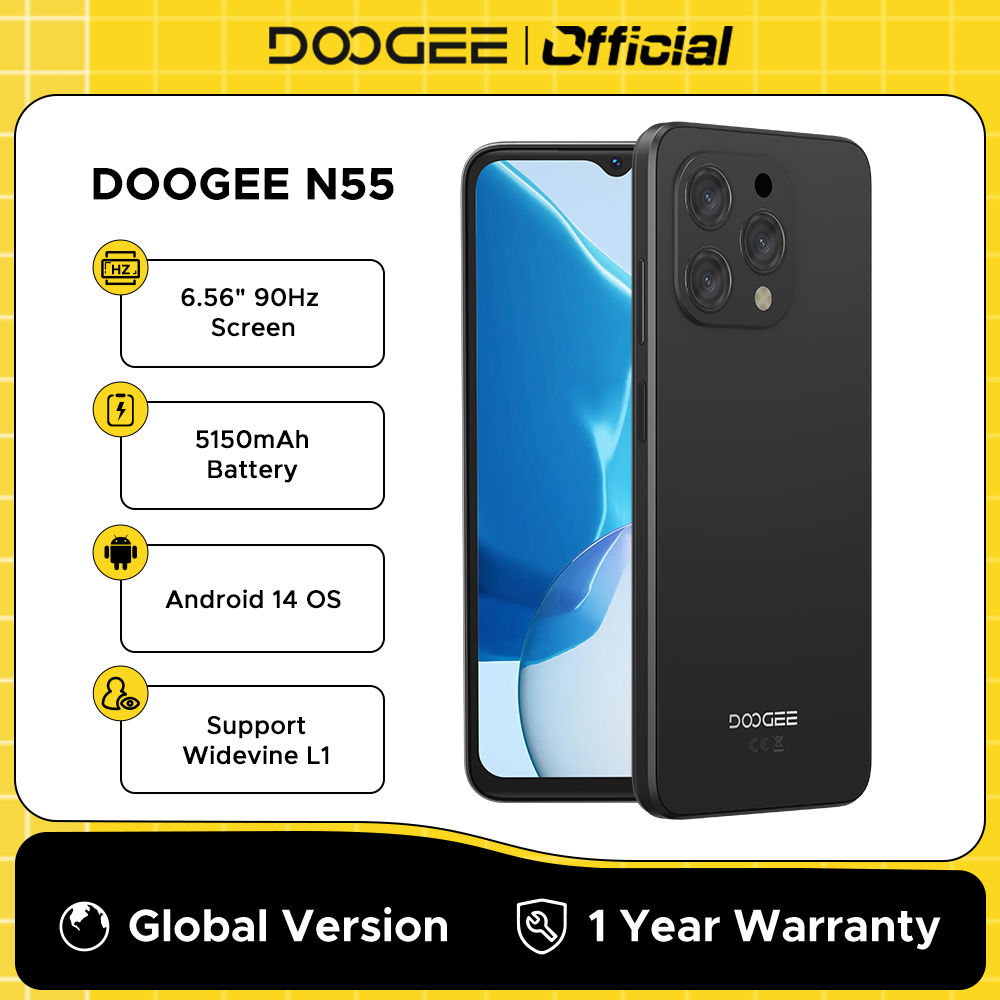Estreno mundial DOOGEE N55 Smartphone 6,56 "90Hz Pantalla IPS 9GB RAM + 128GB Desbloqueo facial 5150mAh Batería grande Octa Core Android 14