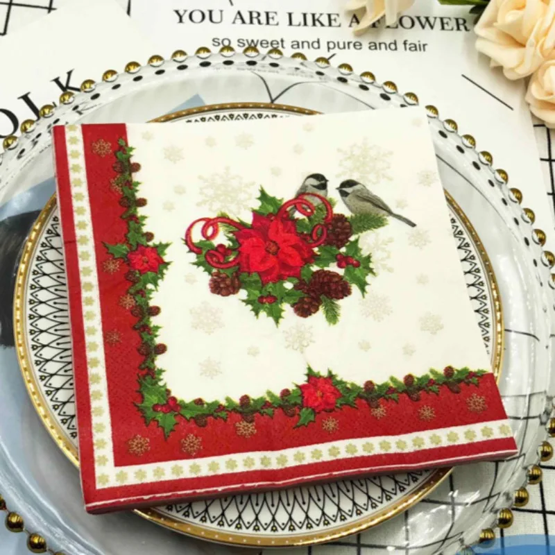 カラフルなプリント紙ナプキン、赤いレース、鳥のプリント、お祝いパーティー、クリスマススタイル、2プライ、33x33cm、1パックあたり20個