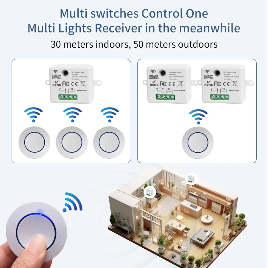 Tuya wifi interruptor liga/desliga módulo diy rf433mhz botão redondo remoto google casa alexa controle de voz interruptor inteligente