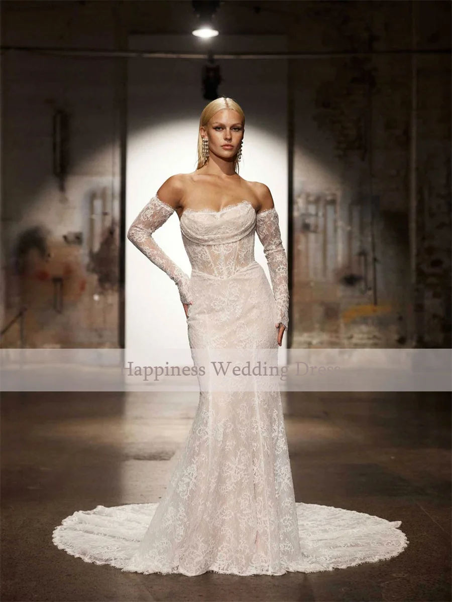 Top con spalle scoperte personalizzato trasparente con maniche a 3/4 Abiti da sera in pizzo a sirena Abito da sposa senza schienale e con lacci