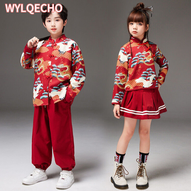 Junge alte Tang Kostüm Bühnen kleidung rot chinesischen Stil bedruckte Kleidung Set Mädchen Hanfu Rock Stil chinesischen Neujahr Outfit