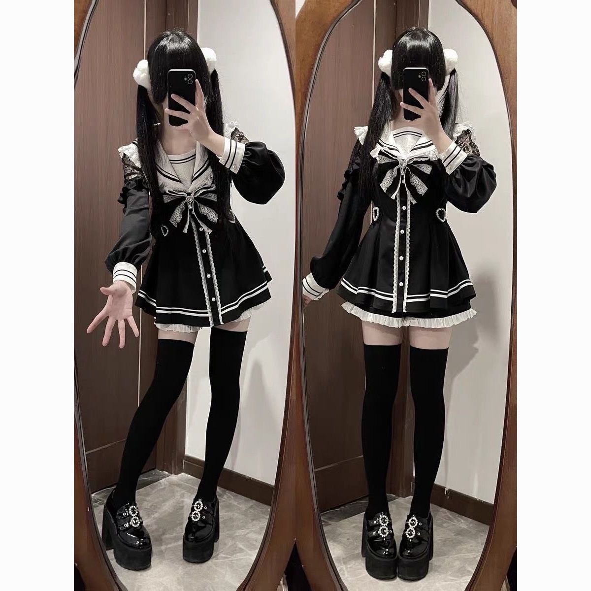 Harajuku Zoete Boog Zwarte Plaid Jurken All-Match Slim Fit Kawaii Lolita Jurk voor Vrouwen Herfst Nieuwe Lange Mouw vestidos De Mujer