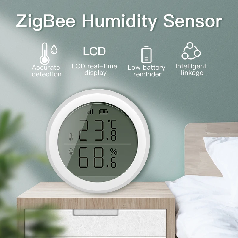 Tuya zigbee inteligente sensor de temperatura e umidade casa termômetro interno com display lcd google casa alexa eco controle voz