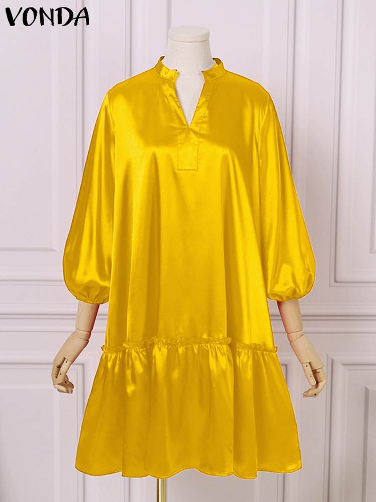 Vonda-女性用サテンショートドレス,ランタンスリーブ,Vネック,単色,ボヘミアン,ラージサイズ,5XL,エレガント,パーティー,夏,2021