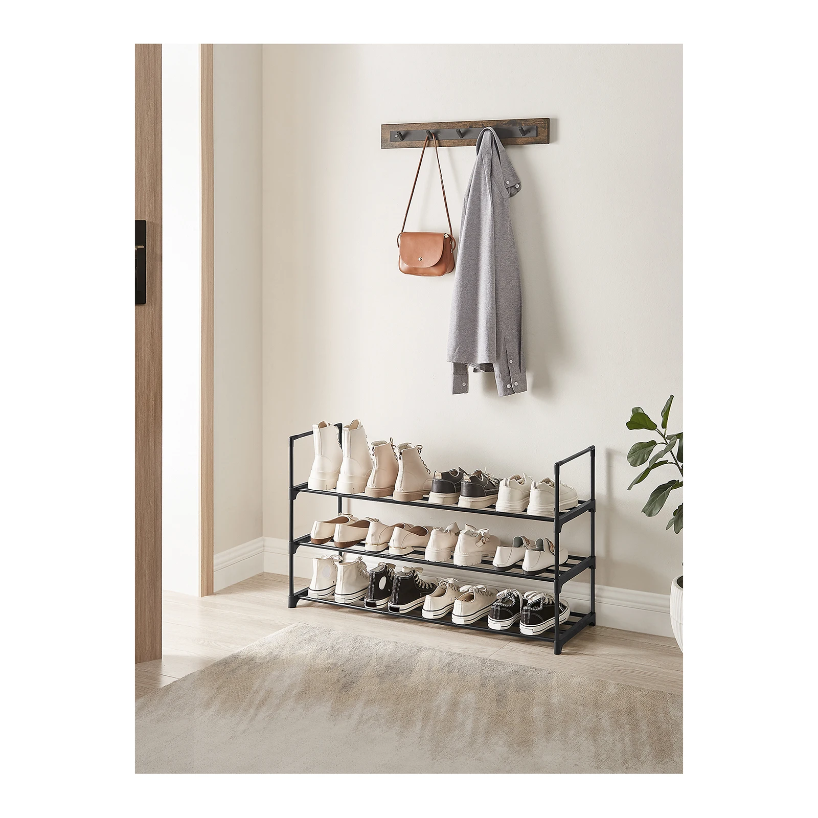 SONGMICS Zapatero de 3 Niveles, Estantería de Zapatos, Estantería de Metal, para 12 a 15 Pares de Zapatos, Estante Apilable, para Pasillo, Salón, Dormitorio, 30 x 92 x 55 cm, Gris/Negro