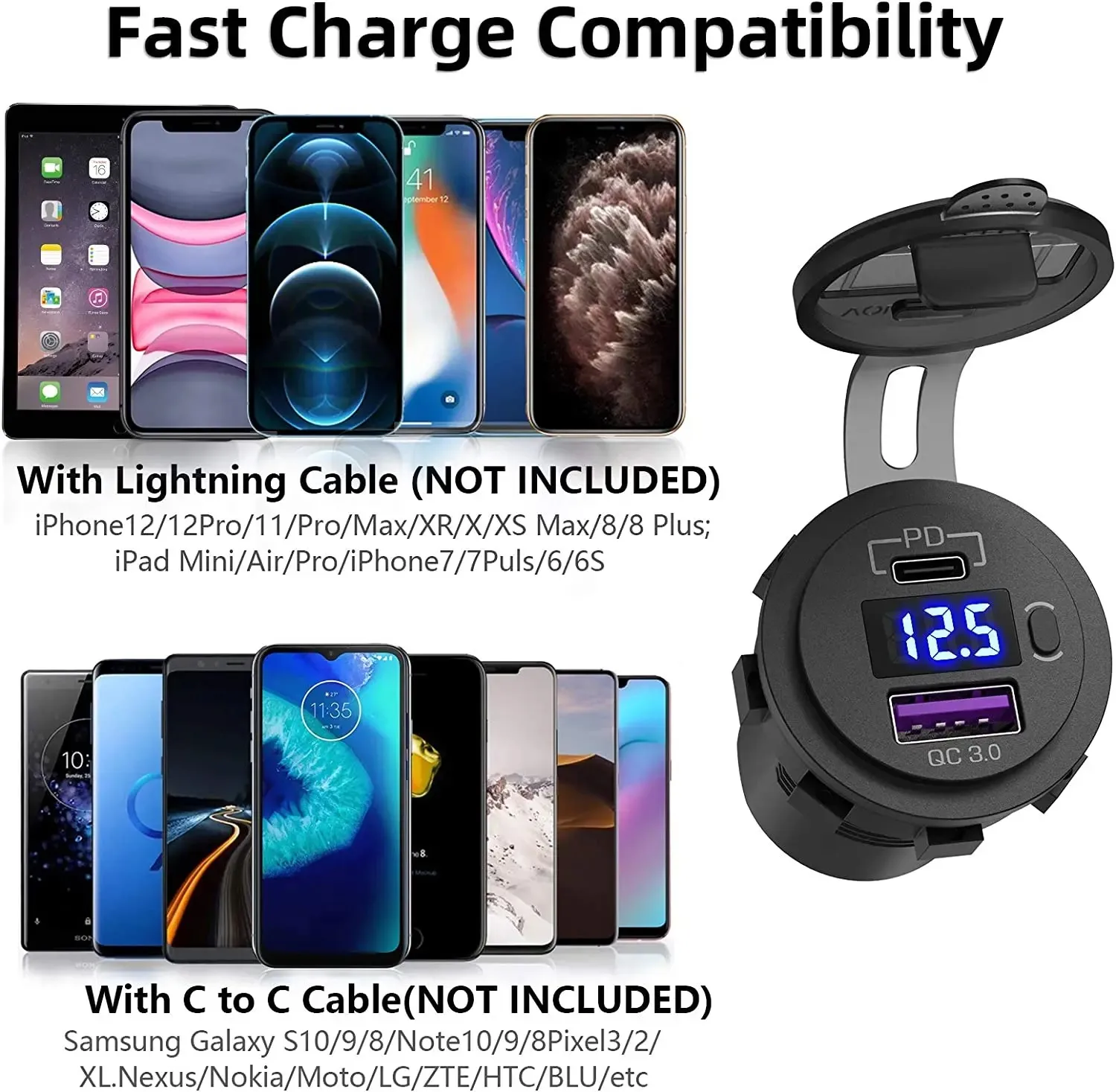 USB C Autolader Socket 12V/24V Dual USB Socket PD3.0 en QC3.0 Auto USB-poort met LED-voltmeter en aan/uit-schakelaar