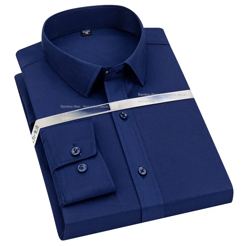 Camicia a maniche lunghe, Fibra di bambù elastica da uomo, Camicia di seta senza stiratura, Abbigliamento professionale da uomo di mezza età e anziani