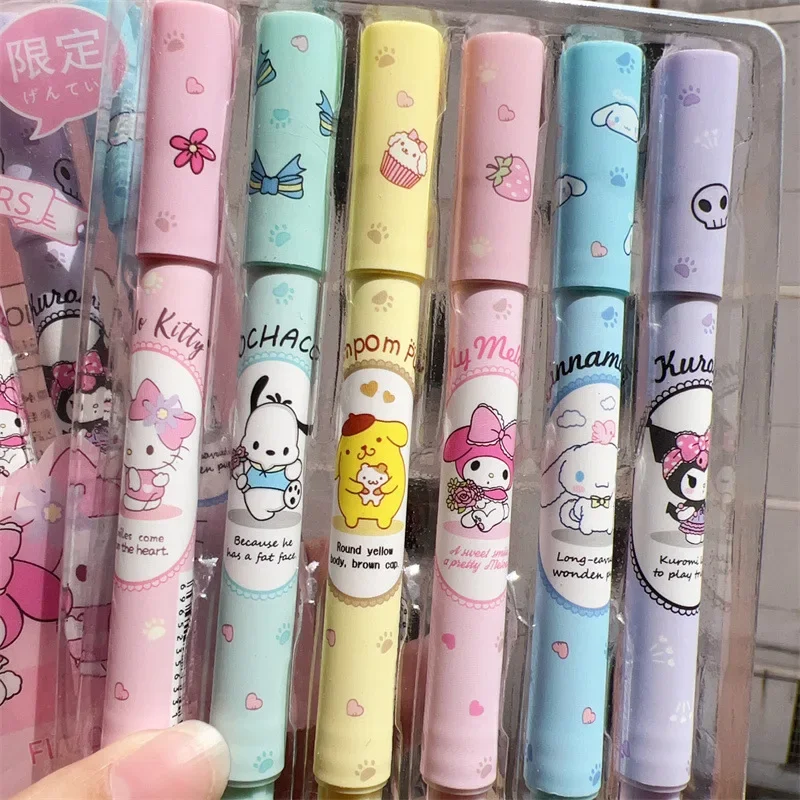 Sanrio-Juego de rotuladores fluorescentes de Hello Kitty, rotuladores Kawaii Kuromi Melody Cinnamoroll Art, papelería escolar, 6 unids/lote por caja