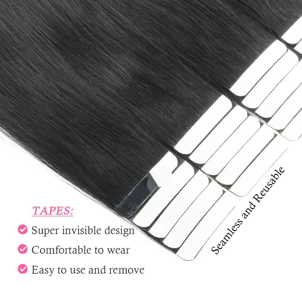 Extensões de cabelo com fita para mulheres, 100% cabelo humano, adesivo, substituível, trama de pele sem costura, cabelo liso, 20 unid, 40 unid, 26 in