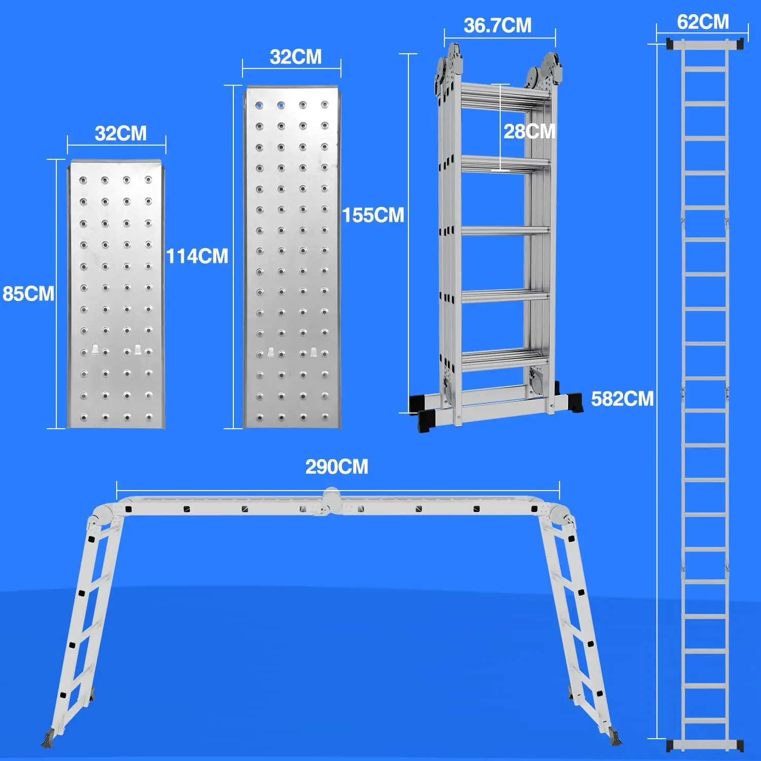 Scala multiuso 4x5 582 cm Scala pieghevole multiuso 7 in 1 Piattaforma da lavoro portatile per la casa