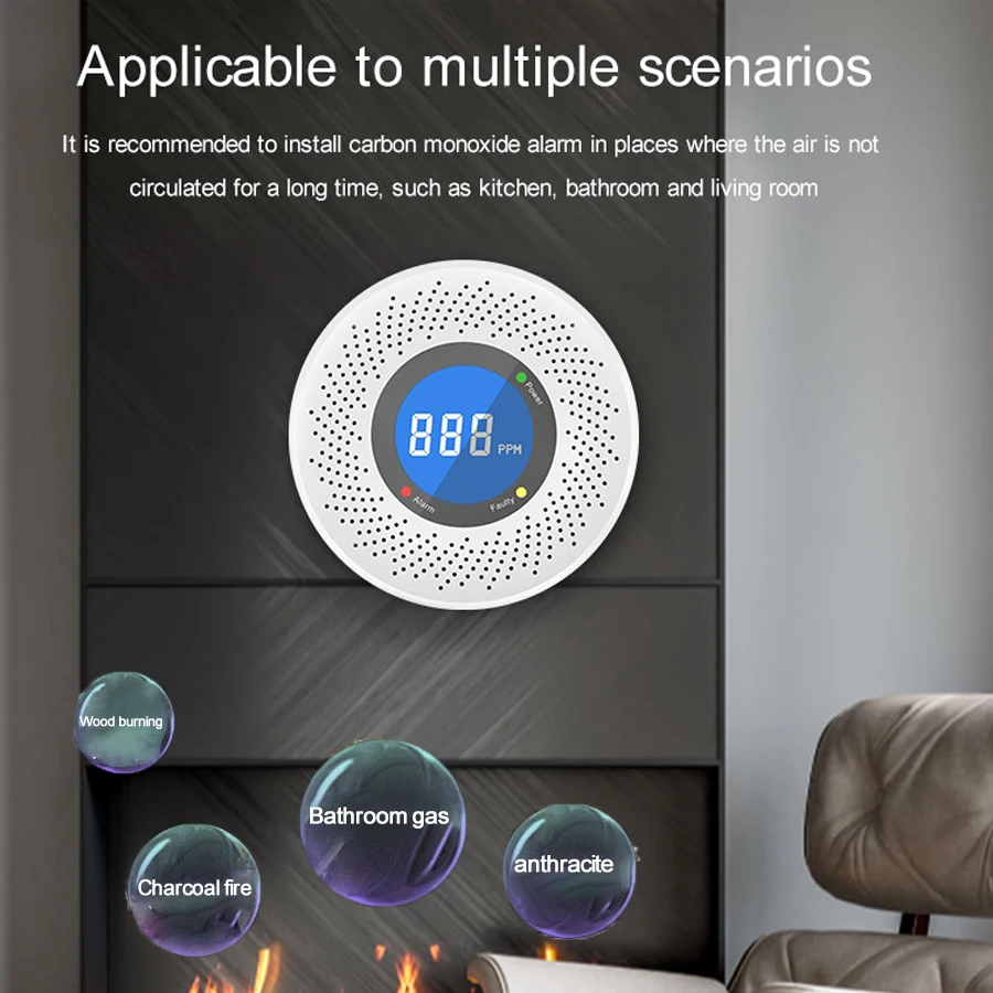 PGST 007 Tuya WiFi Smart Carbon Monoxide Detector Alarm 85dB Sound Warning LCD Digital Display Home Indoor CO Poisoning Siren