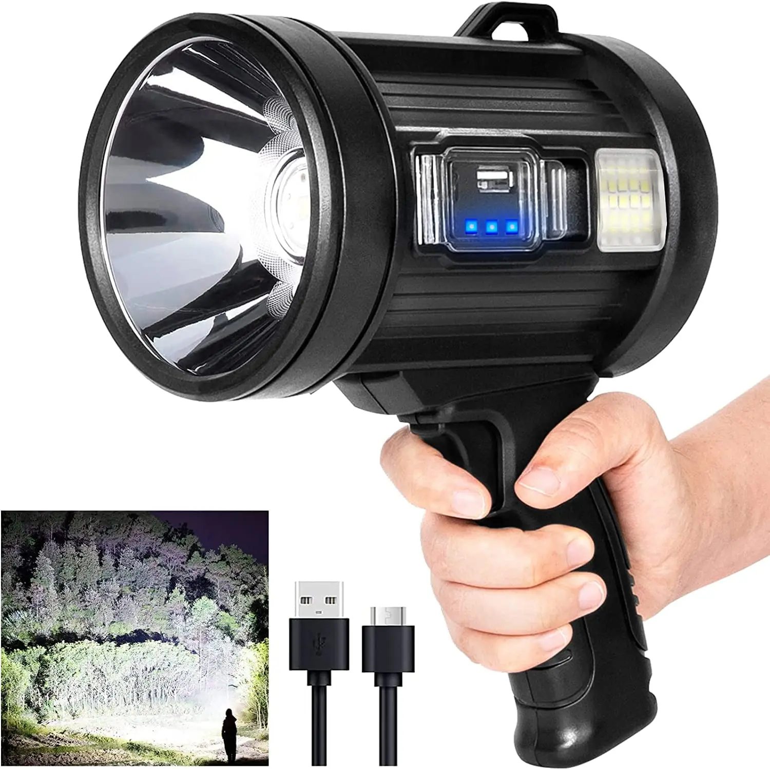 Foco recargable, linterna de caza portátil de 1000.000 lúmenes, foco Led con luz Cob y paneles solares para acampar