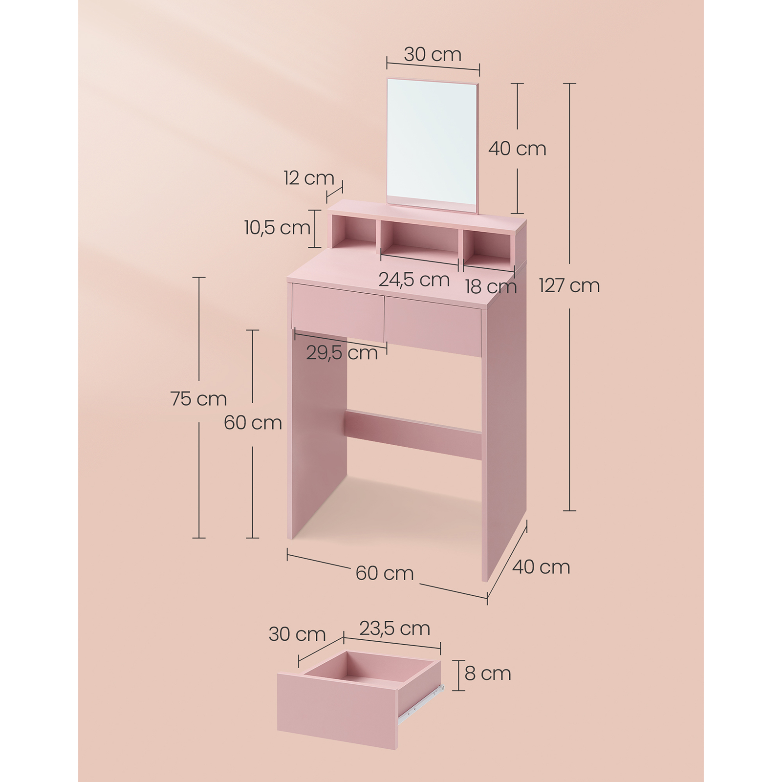 VASAGLE Modern Vanity Table with Large Mirror, 2 Drawers, 3 Compartments, Makeup Desk, Jelly Pink