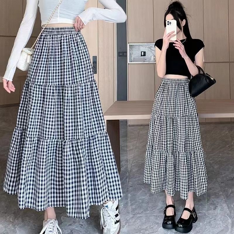 Patchwork Tiered Skirt Women 2025 Summer Vintage Checkered High Waisted Elastic Waist Slimming Midi Skir