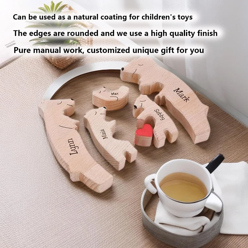 Arte de madeira urso família quebra-cabeça nome personalizado decoração para casa ação de graças natal coraçãowarming presente para bebê mãe