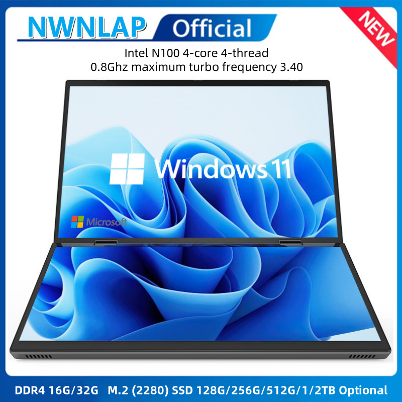 Computadora portátil con pantalla Dual táctil de 14 pulgadas + 14 pulgadas, procesador Intel N100, ordenador portátil para juegos DDR4, 16GB, 1TB SSD
