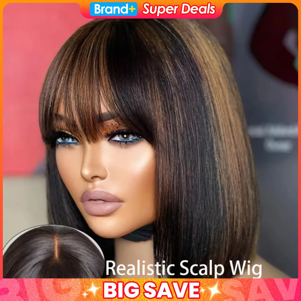 Destaque loira curto bob 3x1 laço sem cola peruca de cabelo humano pronto para ir brasileiro p1b/30 em linha reta bob osso com franja para mulher