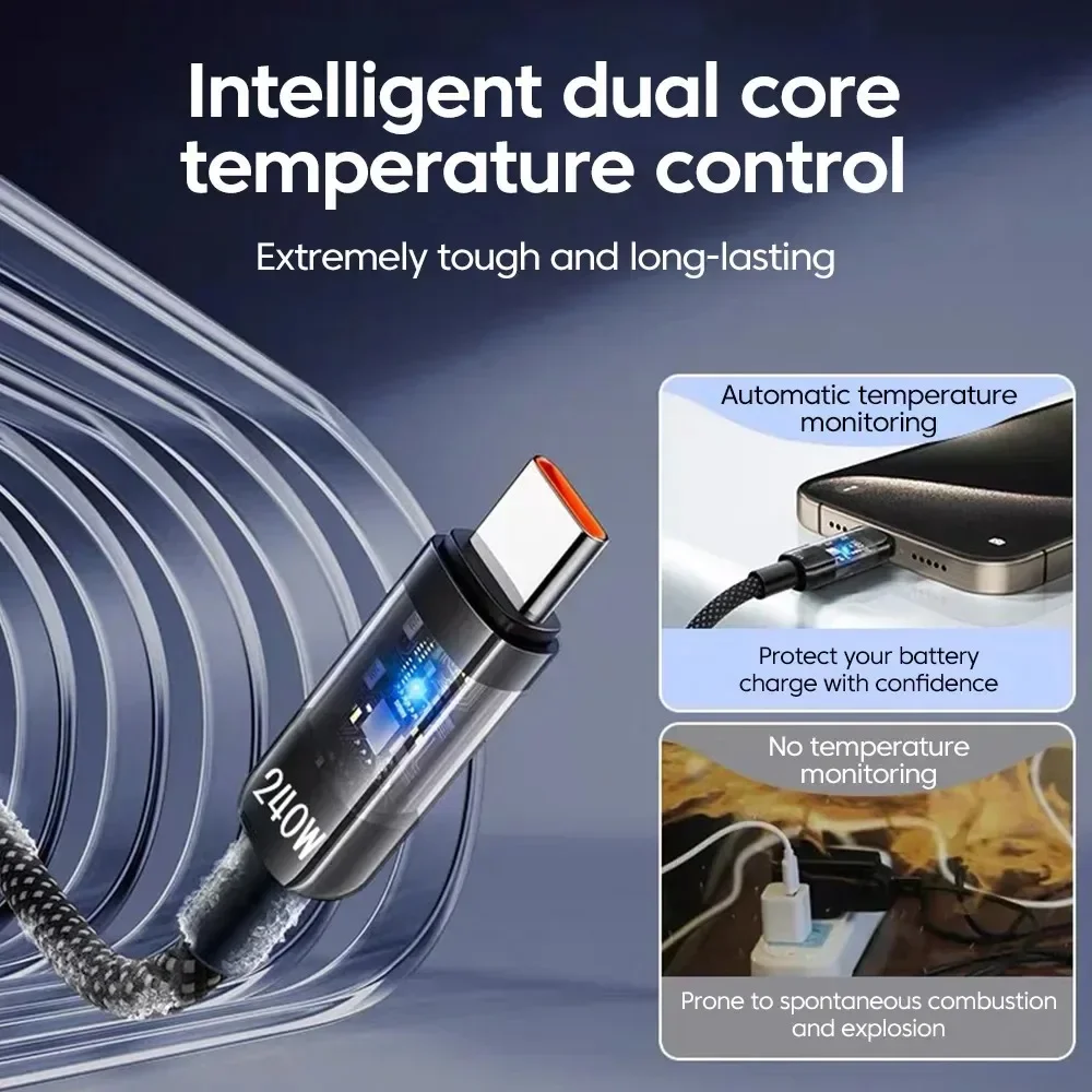 0.25/1/1.5/2M 240W Nylon USB C PD Super Fast Charging Data Cable with LED Digital Display USB To Type C Quick Charge Data Cords