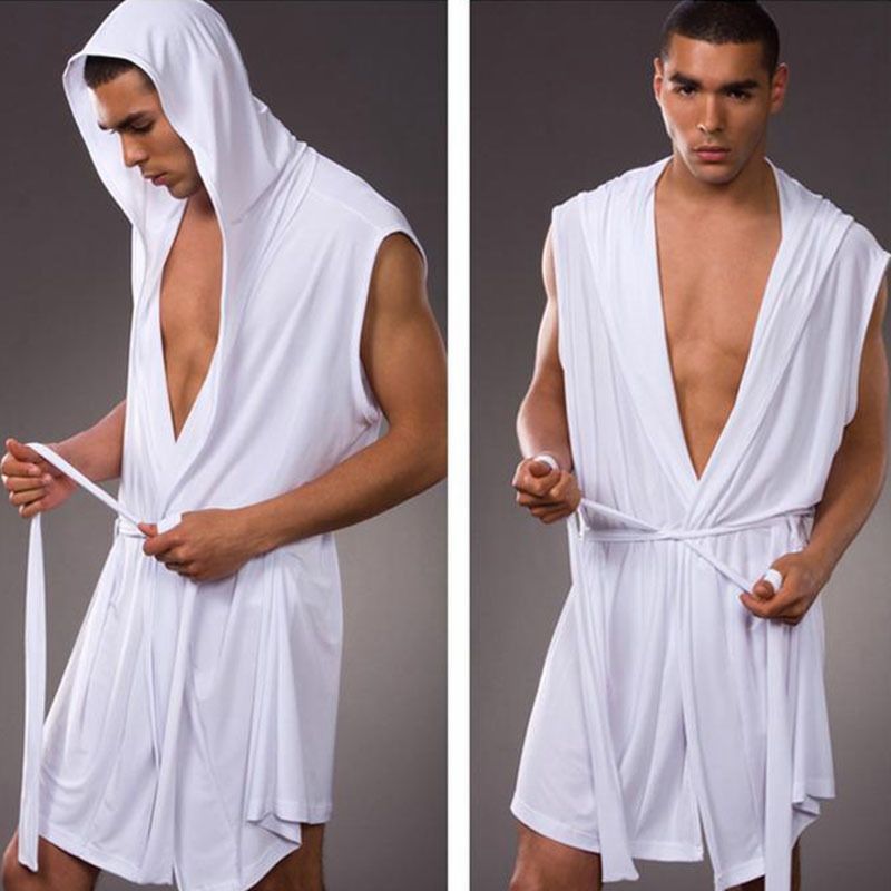 ชายผ้าไหมใหม่ Hooded Sleeveless เซ็กซี่บางเสื้อคลุมอาบน้ำ Pijama Hombre สบายและ Breathable ผ้าขนหนูอาบน้ำ Robe Gown