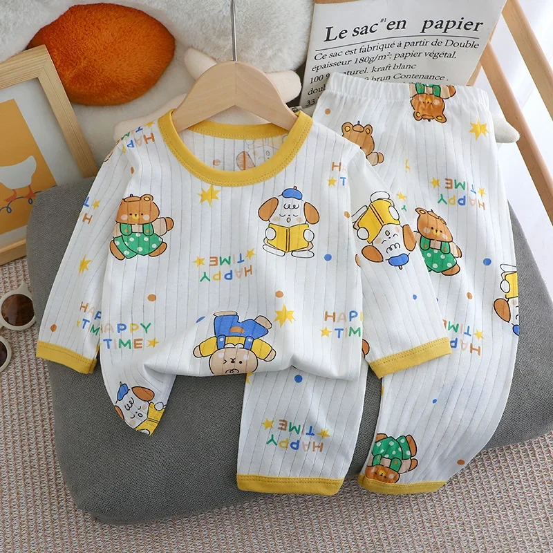 2024 ニューキッズボーイズガールズ夏の純粋な綿薄いパジャマかわいい漫画プリント長袖 Tシャツトップス + パンツベビー服セット