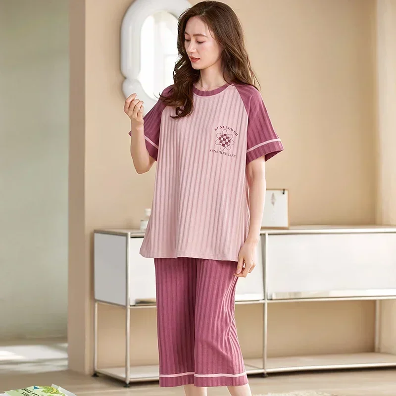 SUKAE-Conjunto de Pijamas para mujer, M-5XL de talla grande hasta la pantorrilla, ropa de dormir con cuello redondo, Pijamas informales cómodos Vintage de algodón para mujer