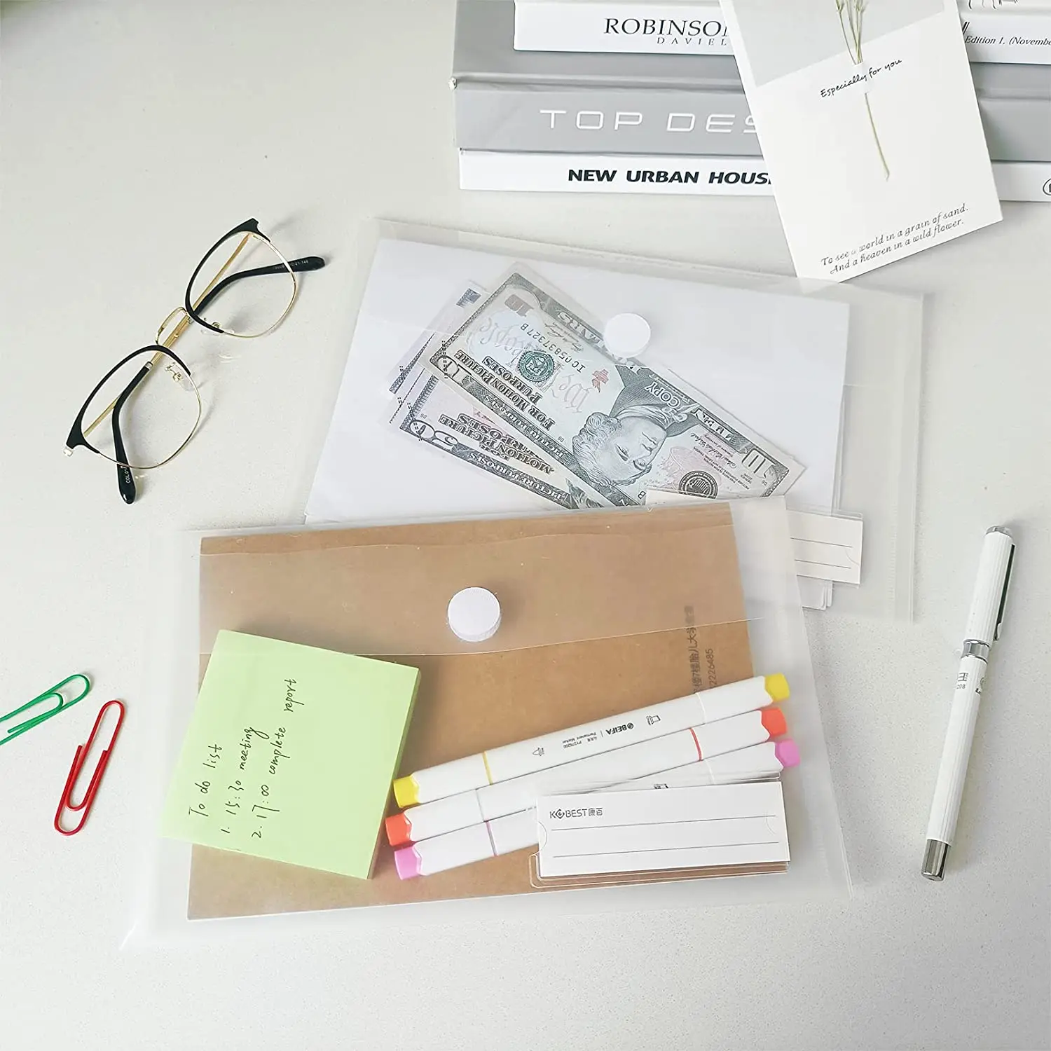 12pcs A5 Large Plastic Clear Envelopes Folder with Hook & Loop Closure 15x25cm Invoice Receipt Cash Organizers with Label Pocket