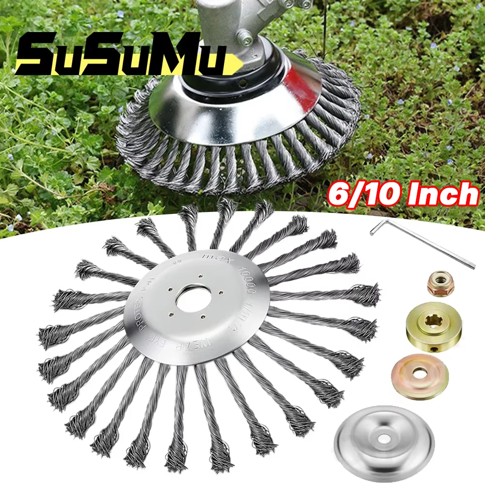 Upgrade 6/10 Inch Weed Brush Cutter Grass Head Lawn Mower Universal Rotary Wire Wheel Brush Disc Garden Trimmer Head Cutter Tool
