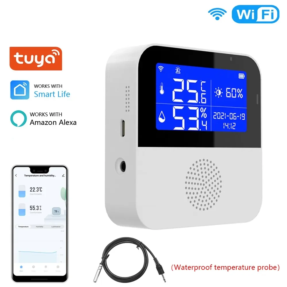 Tuya-Sensor de temperatura y humedad WiFi, Monitor remoto LCD Smart Life, termómetro interior, higrómetro, alarma con voz Alexa