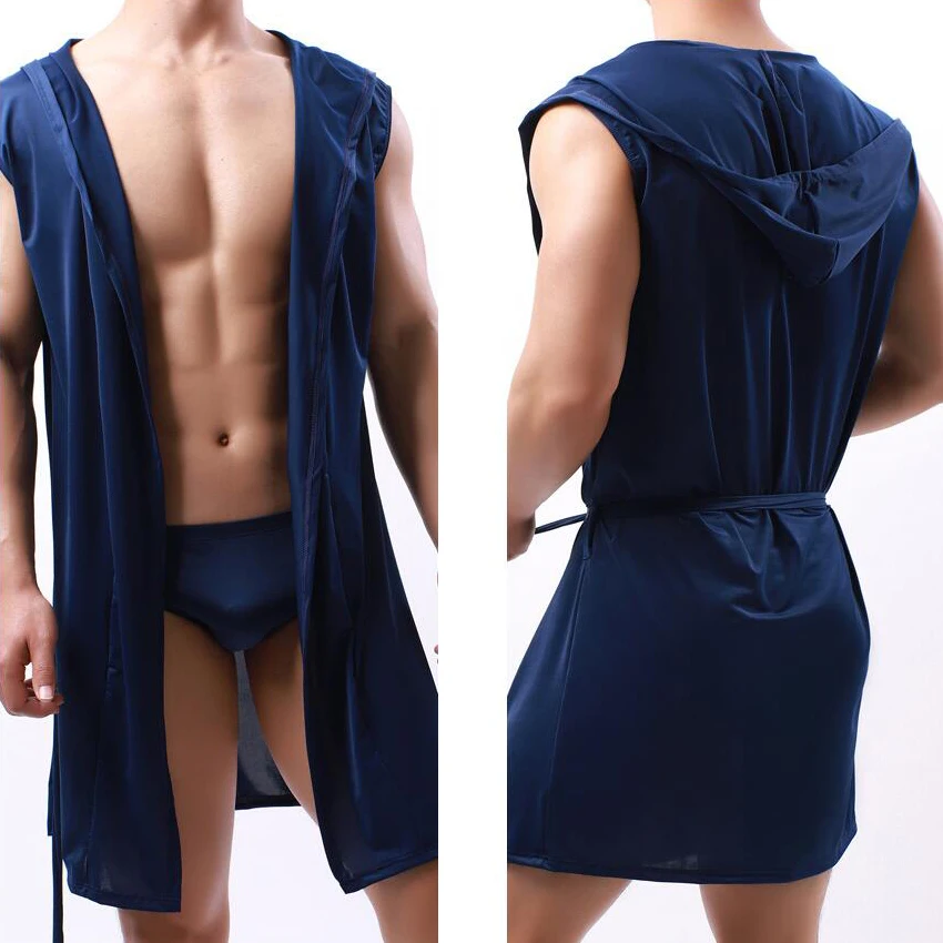 Albornoz con capucha para hombre, malla de seda transparente, toalla sin mangas, bata de baño larga, sudaderas con capucha, camisones, ropa de dormir, Tops informales sueltos para dormir