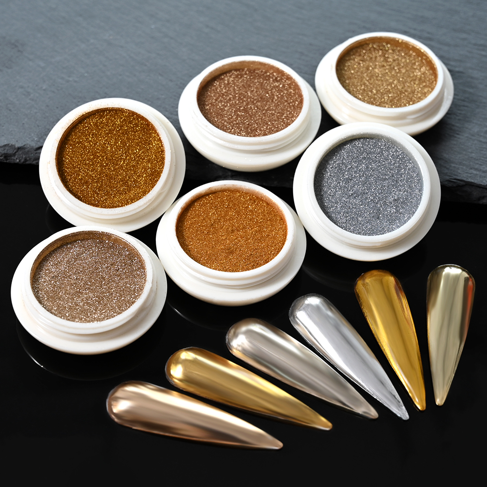 6 Pcs Elegant Mirror Chrome Effect Metallic Dust Holographic Glazed Manicure Decoration Reflective Gold Silver Glitters Powder