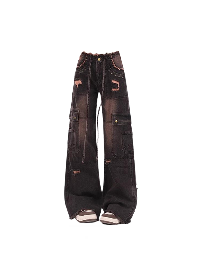 Damen 90er Jahre Vintage schwarze Gothic Cargo Jeans y2k hohe Taille weites Bein Jeans hose Harajuku Baggy Jeans hose Emo 2000s Kleidung