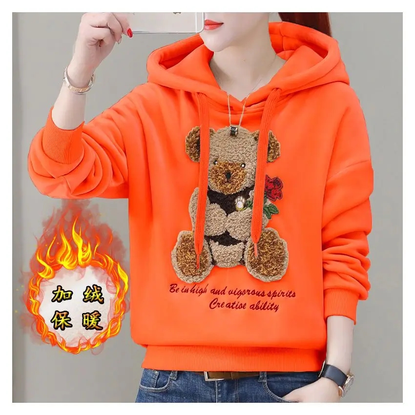 เสื้อสเวตเตอร์มีฮู้ดกำมะหยี่สีทองปักสองด้านสำหรับผู้หญิงเสื้อคลุมหลวม2024ฤดูใบไม้ร่วงฤดูหนาว