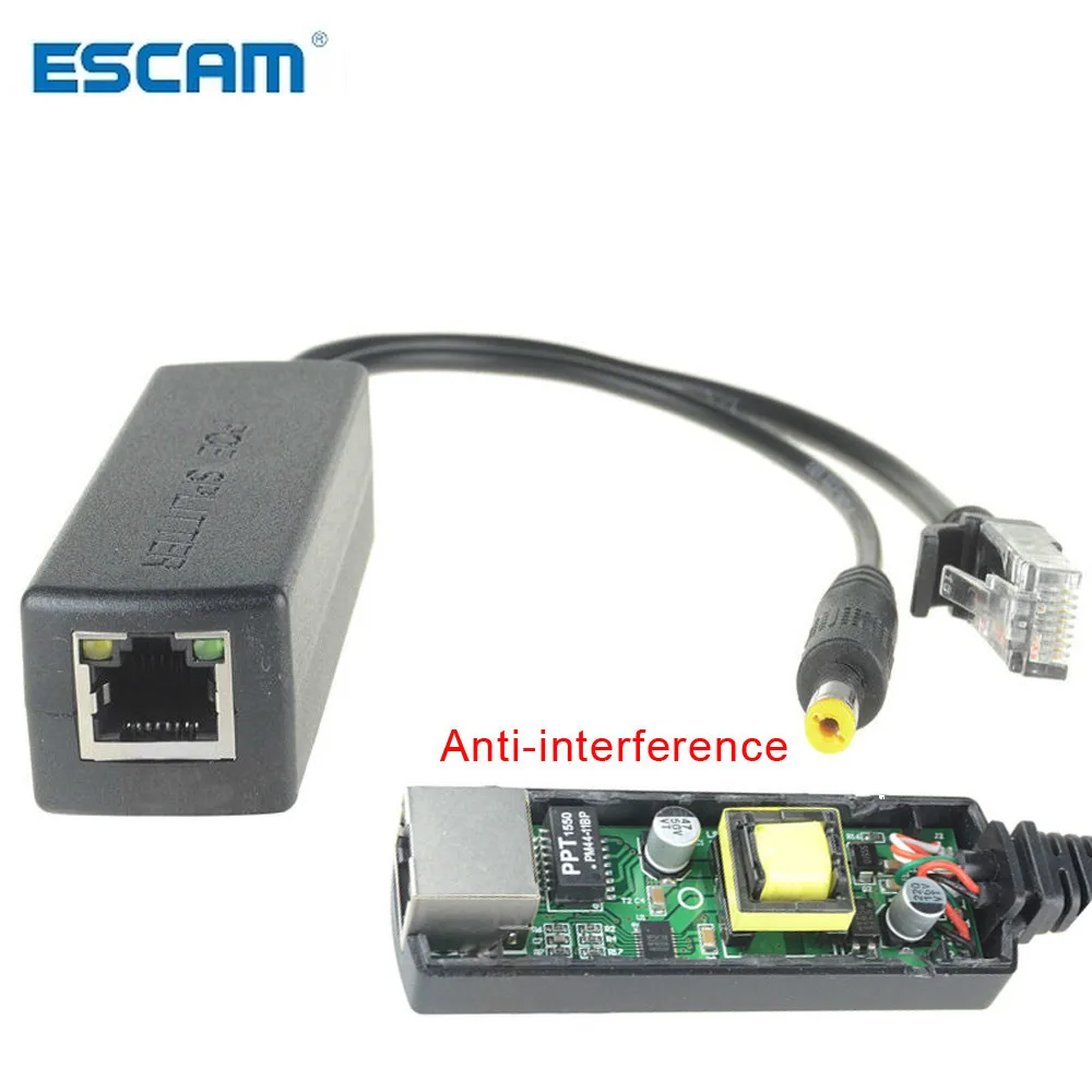ESCAM 48V a 12V PoE divisor antiinterferencias 15W cable adaptador POE módulo de fuente de alimentación DC5.5 * 2,1mm conector para cámara IP