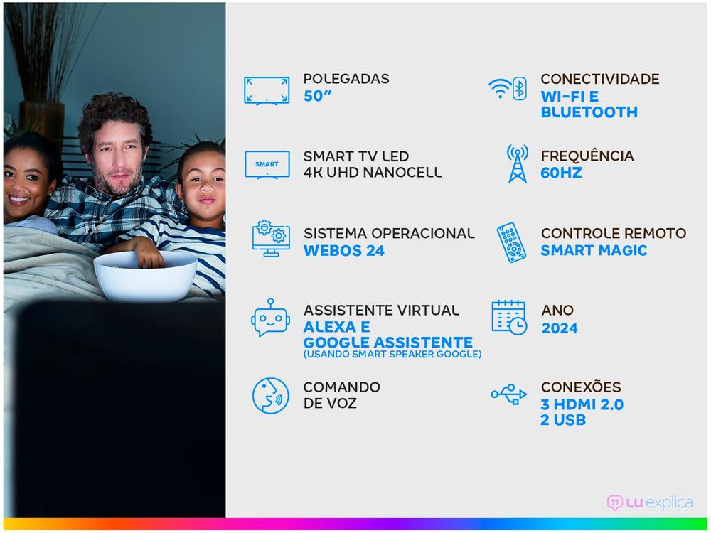 Smart TV 50" 4K LCD LED NanoCell LG 50NANO80TSA WebOS 24 Processador α5 Ger7 Wi-Fi e Bluetooth com Alexa 3 HDMI 2 USB