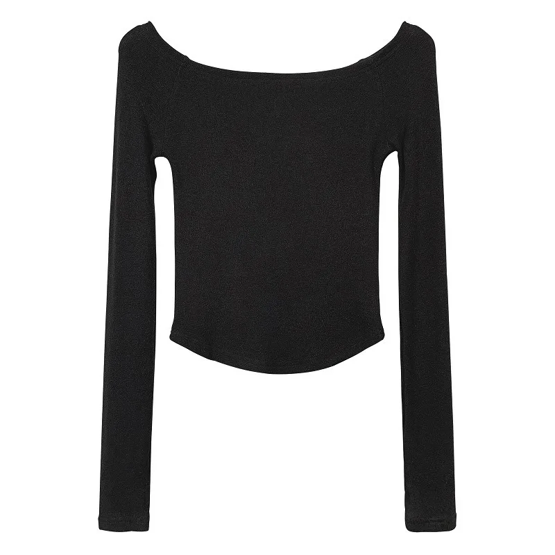 Camiseta Sexy con cuello oblicuo para mujer, Camiseta recortada de algodón de manga larga, camiseta ajustada para mujer, Tops blancos y negros 2024
