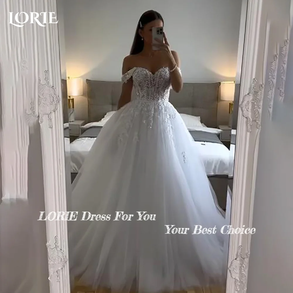 LORIE 빈티지 반짝이 레이스 웨딩 원피스, A 라인 샤이니 오프 숄더, 연인 신부 가운, 반짝이는 공주 신부 가운, 맞춤형