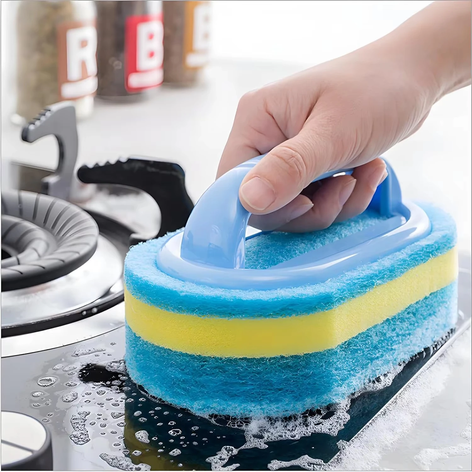 1PC キッチンクリーニングブラシハンドル付き - ポット洗浄スポンジ高密度厚いたわしパッドセラミックタイル壁クリーニングブラシ