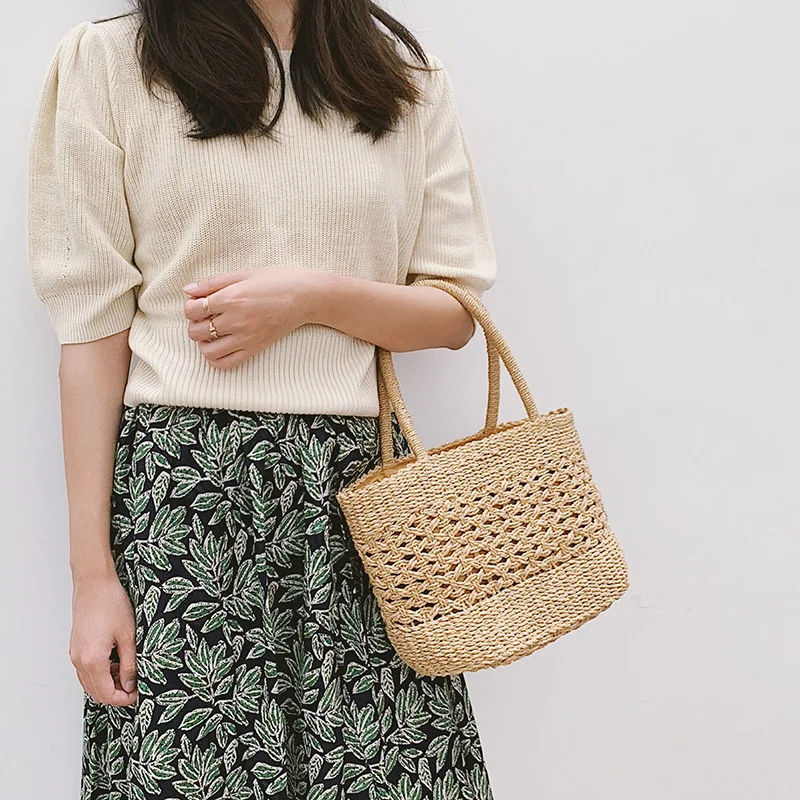 ผู้หญิงฟางกระเป๋าถือขนาดใหญ่ฤดูร้อน Beach Tote ทอรอบด้านล่างกระเป๋าถือไหล่กระเป๋า Vocation กระเป๋าถือ K5DA