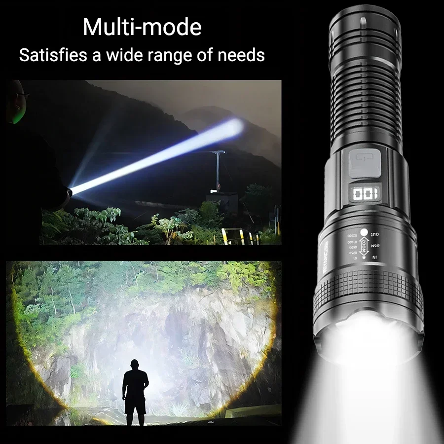 Superhelle LED-Taschenlampen, leistungsstarke wiederaufladbare Batterie, Display-Taschenlampe, taktische Zoom-Taschenlampe, Outdoor-Camping, Angellampe