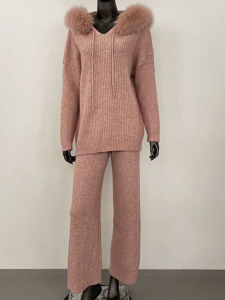 Furyurself 2025 primavera mulher com capuz pulôver camisola de caxemira emenda natural gola de pele de raposa outerwears camisola terno