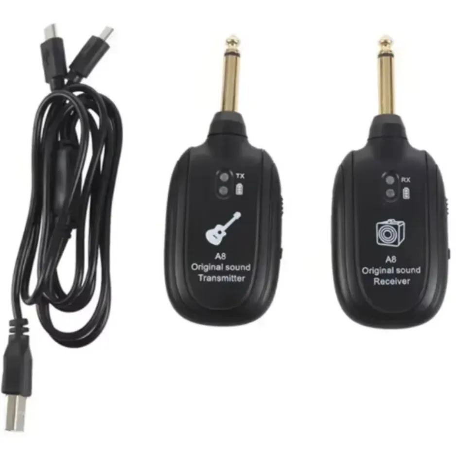 XIKCU A8 Gitarren-Funksystem, Sender, Empfänger, integrierter wiederaufladbarer integrierter wiederaufladbarer kabelloser Gitarrensender